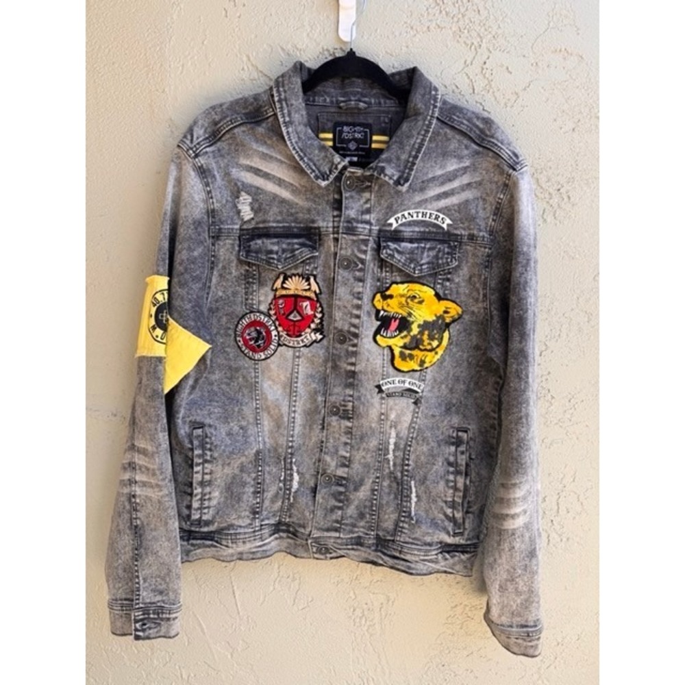 Eight District Mens Black Acid Wash Patches Denim Jacket XL Streetwear